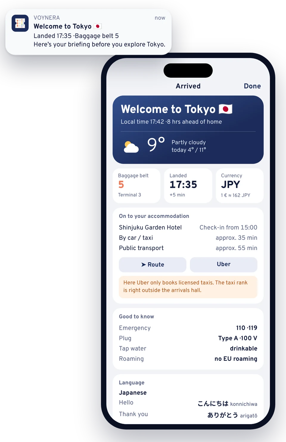“Welcome to Tokyo” notification and the arrival briefing with weather, baggage belt, currency and route to the hotel