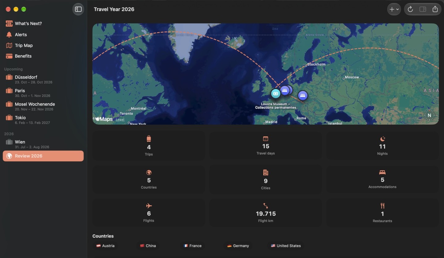 Voynera on the Mac: sidebar with trips, itinerary in the middle, details on the right